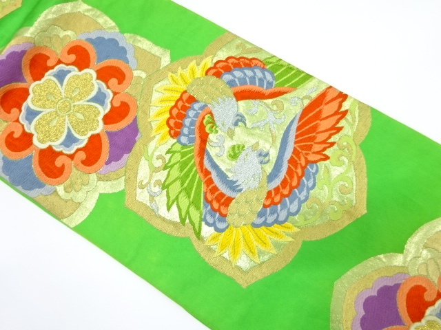 JAPANESE KIMONO / ANTIQUE FUKURO OBI / SILK / WOVEN FLORAL CREST & BIRD